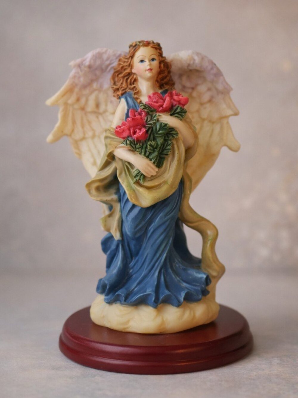 Vintage Celestial Garden Angel Figurine with Red Roses Blue Gown Gold Trim NIB